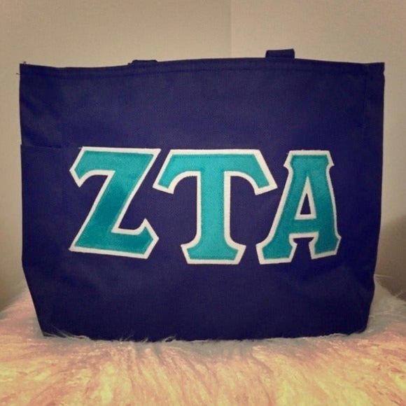 Delta Delta Delta Sorority Tote Bag - Retro Script & Pom Pom, Light Blue X-Large 15x15 Inch Canvas Bag - View #9